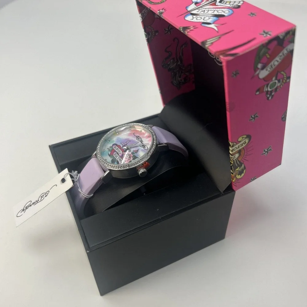 NIB Ed Hardy Women's Quartz Light Purple Silicone Strap Watch Y2K Tattoo Detail